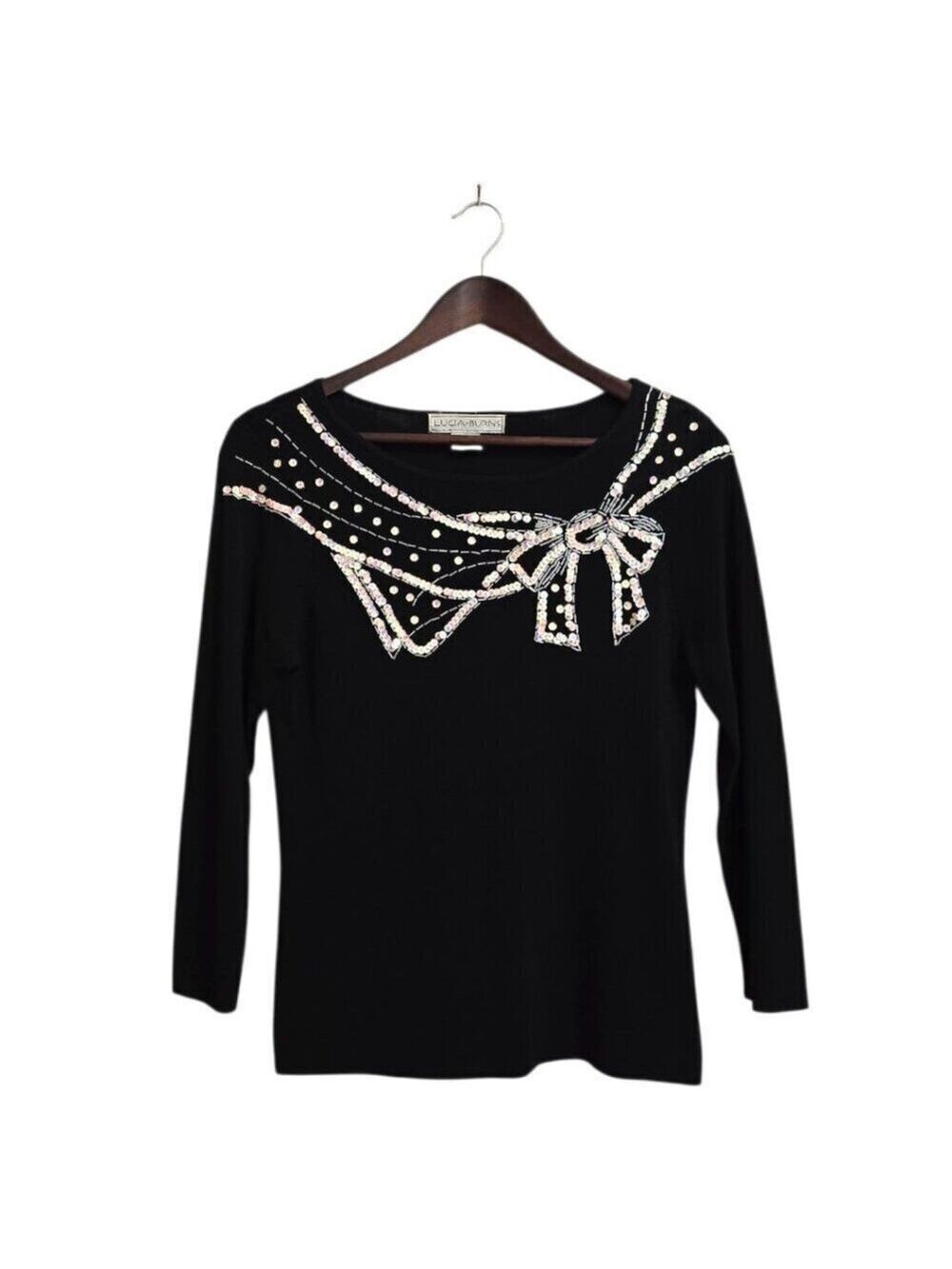 Lucia Burns Vintage Black Beaded Sequin Bow Detail 3/4 Sleeve Top Sz M